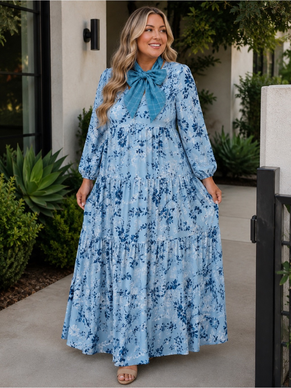 New 1XL Sugarlips Powder Blue Floral Tiered V-Neck Maxi Dress - Picture 3 of 6